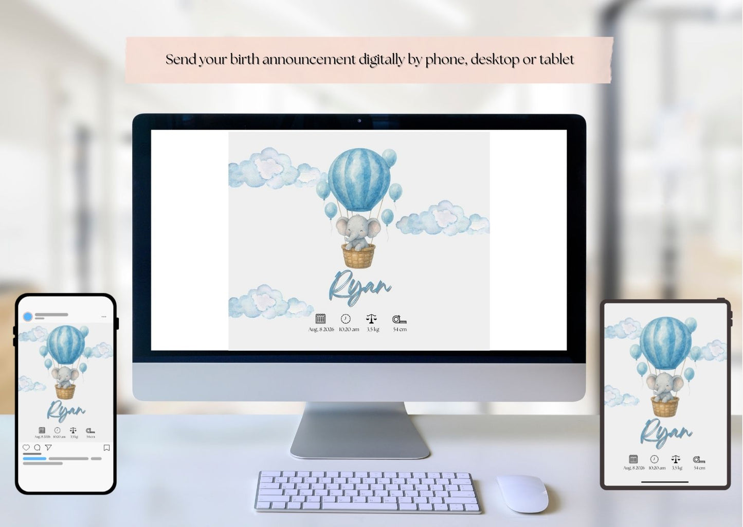 Watercolor Elephant Hot Air Balloon Birth Announcement Template