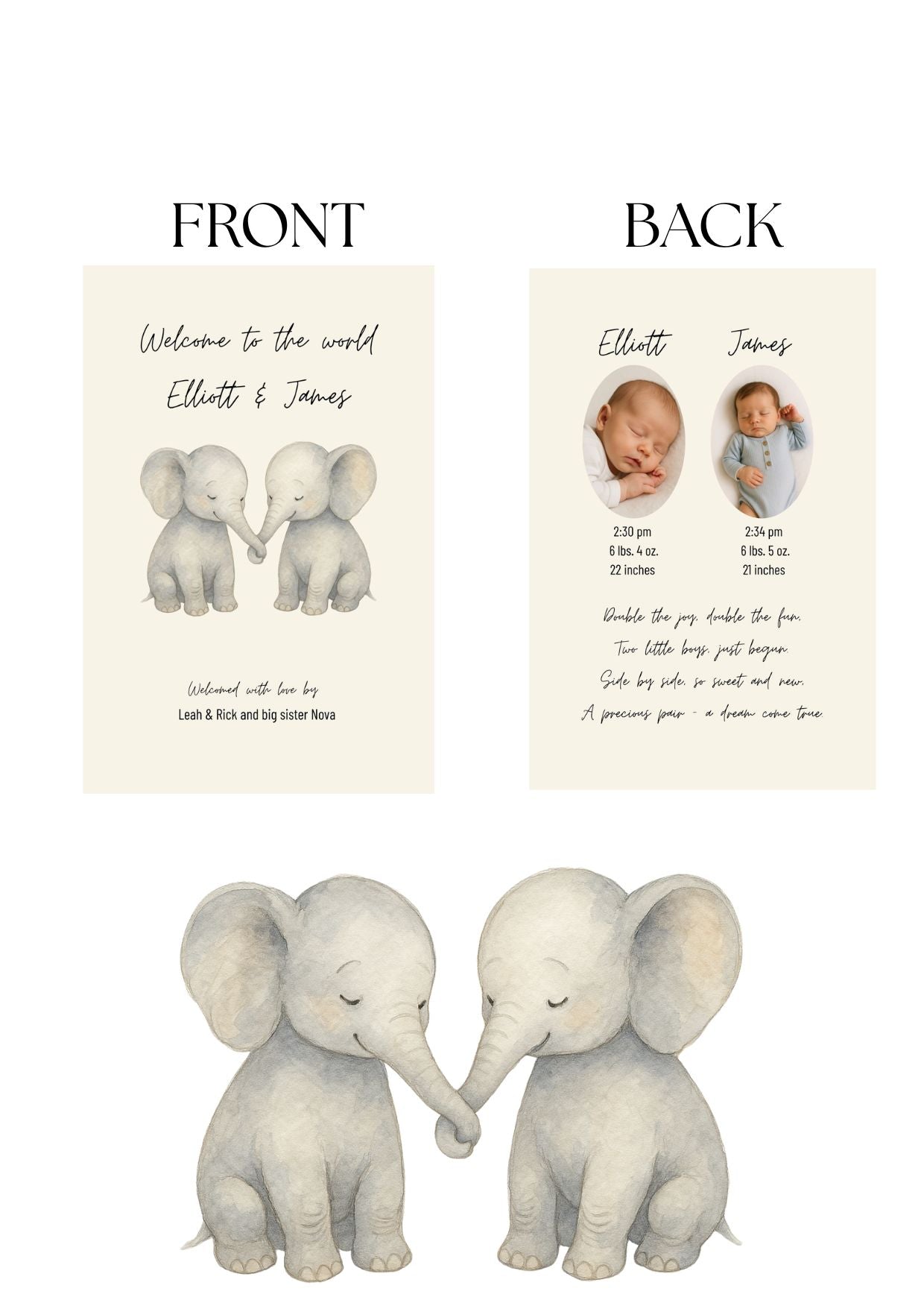 Custom Twin Baby Birth Card or Wall Print