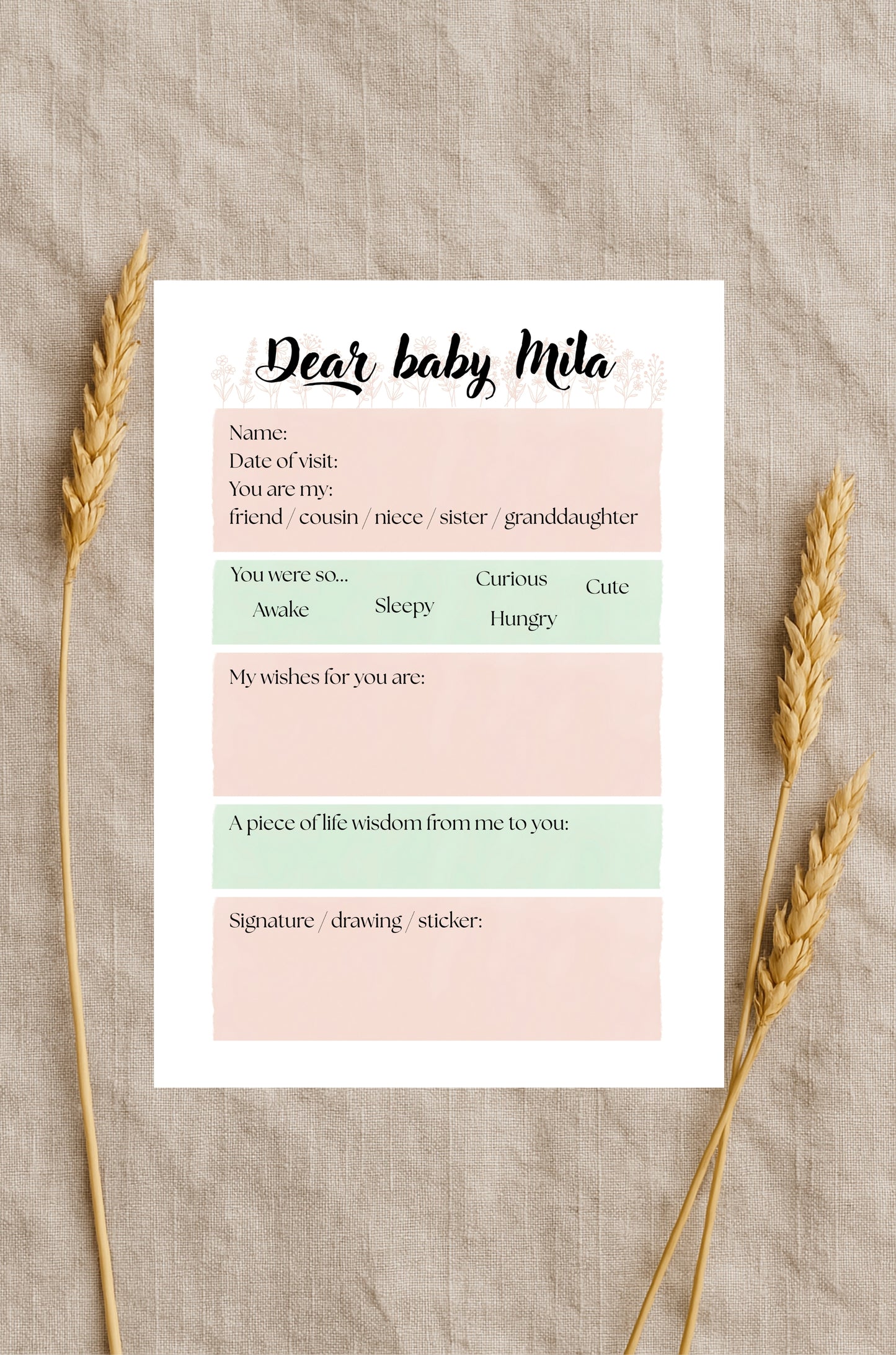 Pink And Blue Fill In Baby Keepsake Card for Visitors