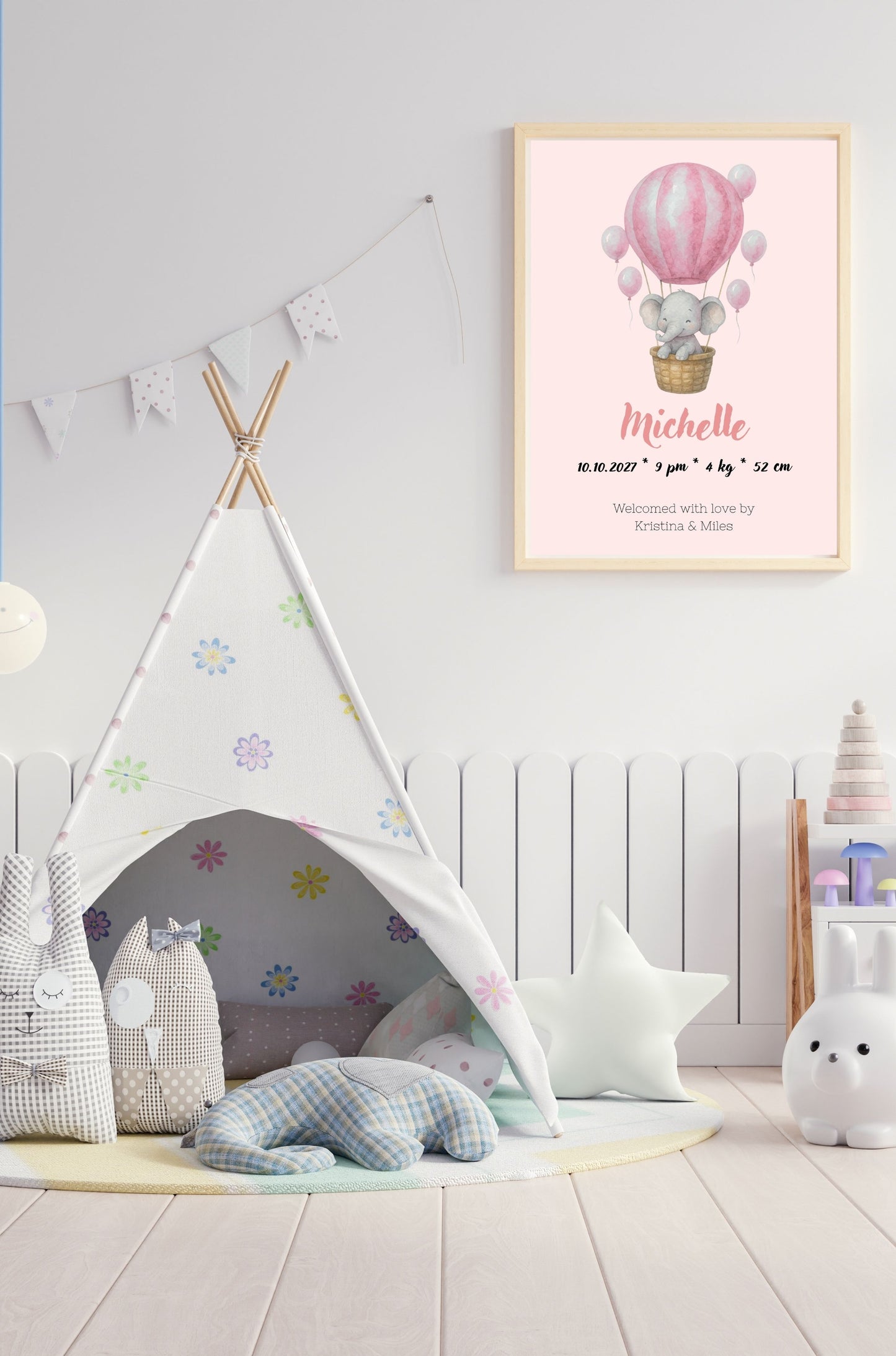 Pink Watercolor Hot Air Balloon With Elephant Birth Announcement Template