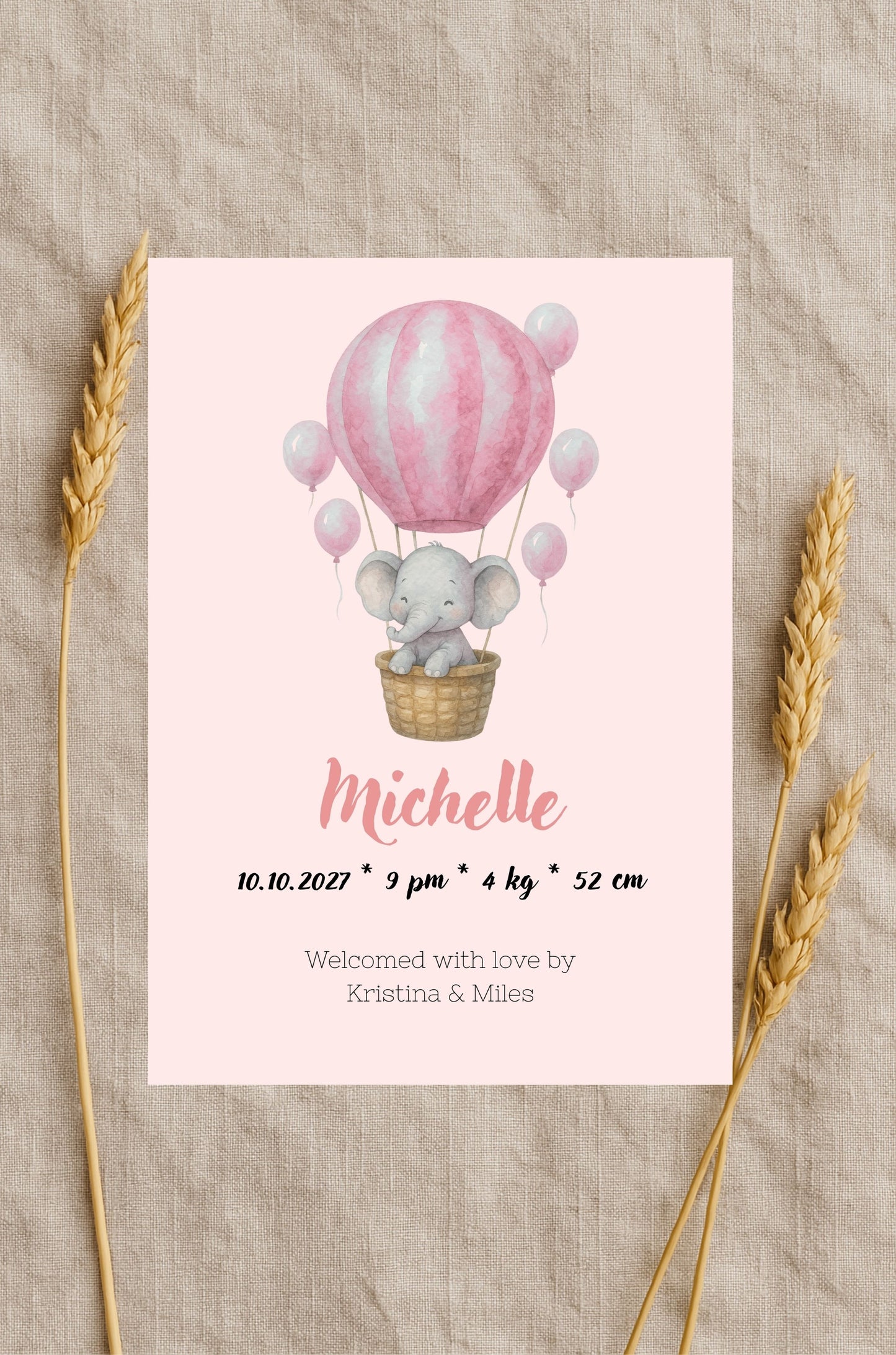 Pink Watercolor Hot Air Balloon With Elephant Birth Announcement Template