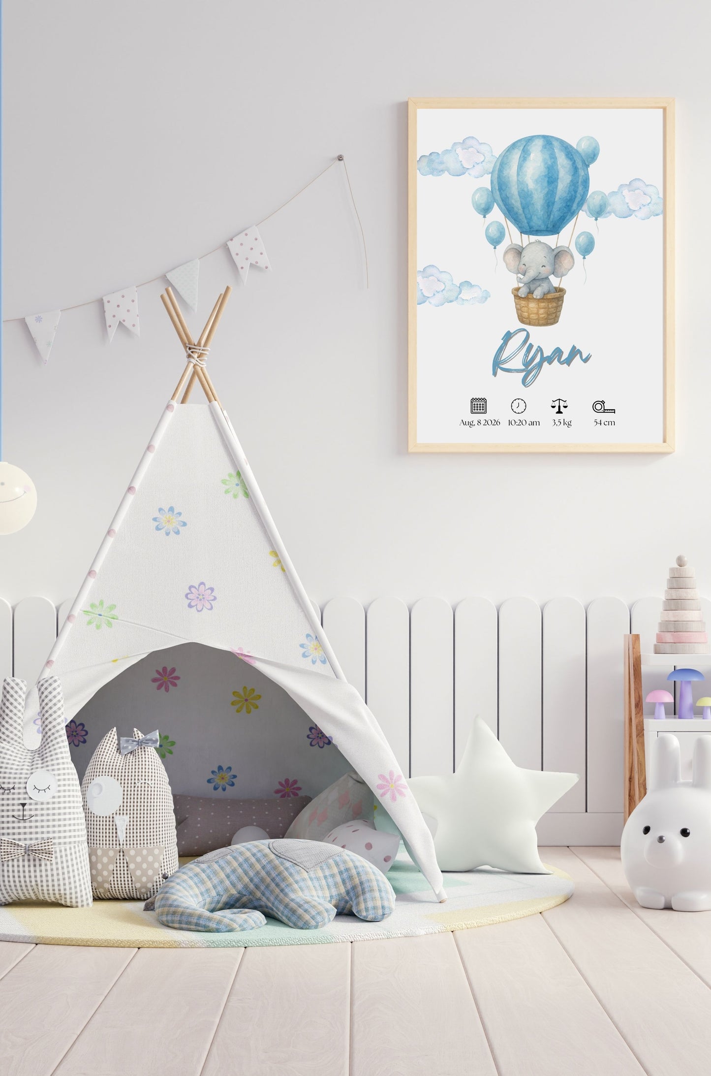 Watercolor Elephant Hot Air Balloon Birth Announcement Template