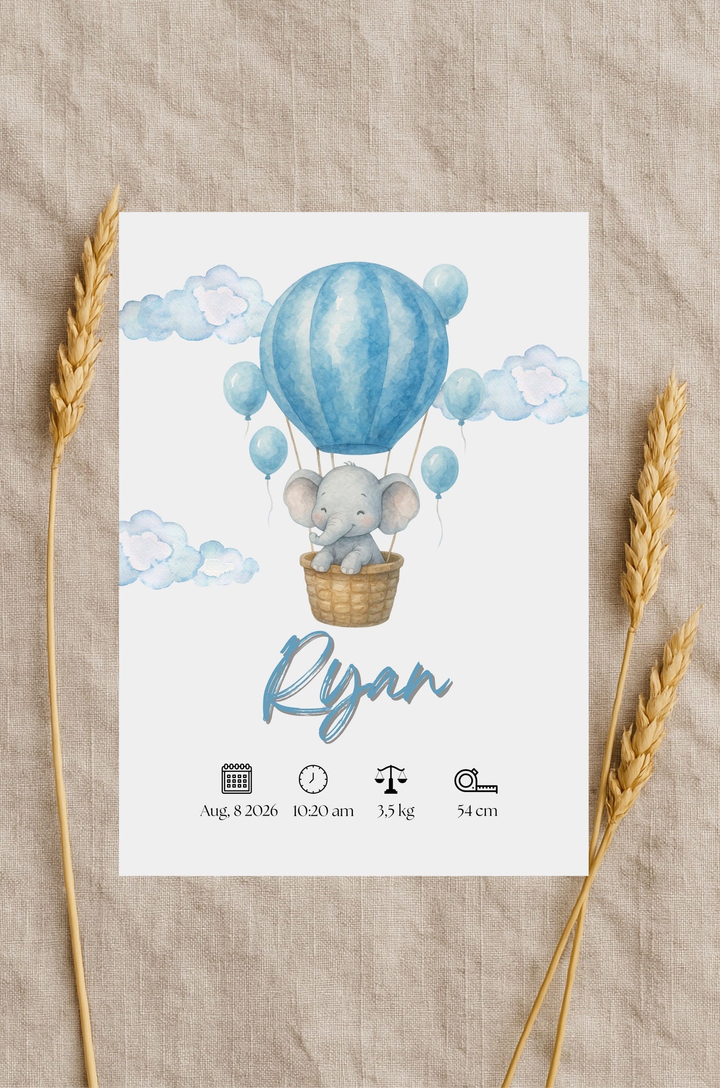 Watercolor Elephant Hot Air Balloon Birth Announcement Template