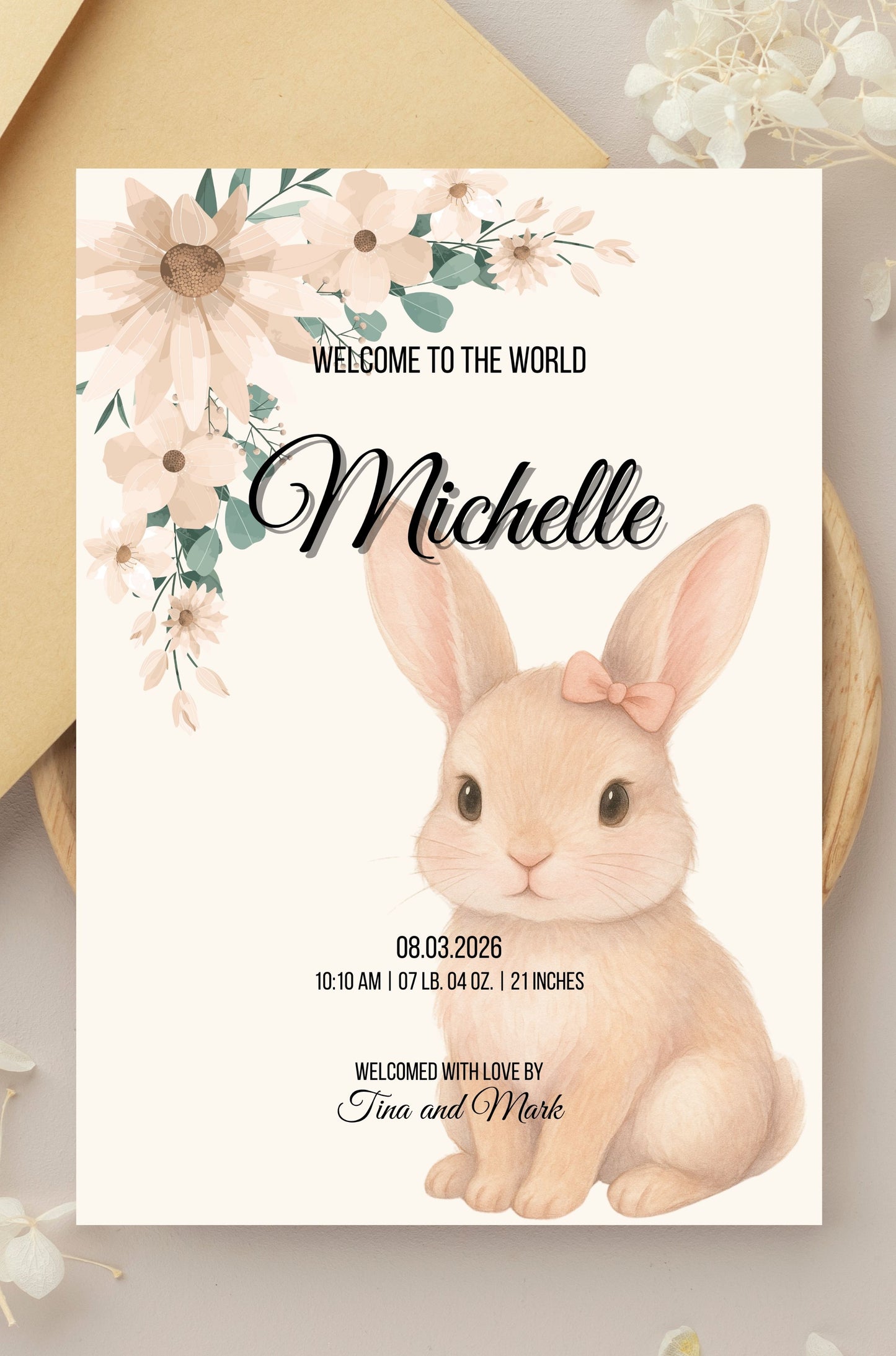 Bunny Birth Announcement with Floral Accents for a Baby Girl