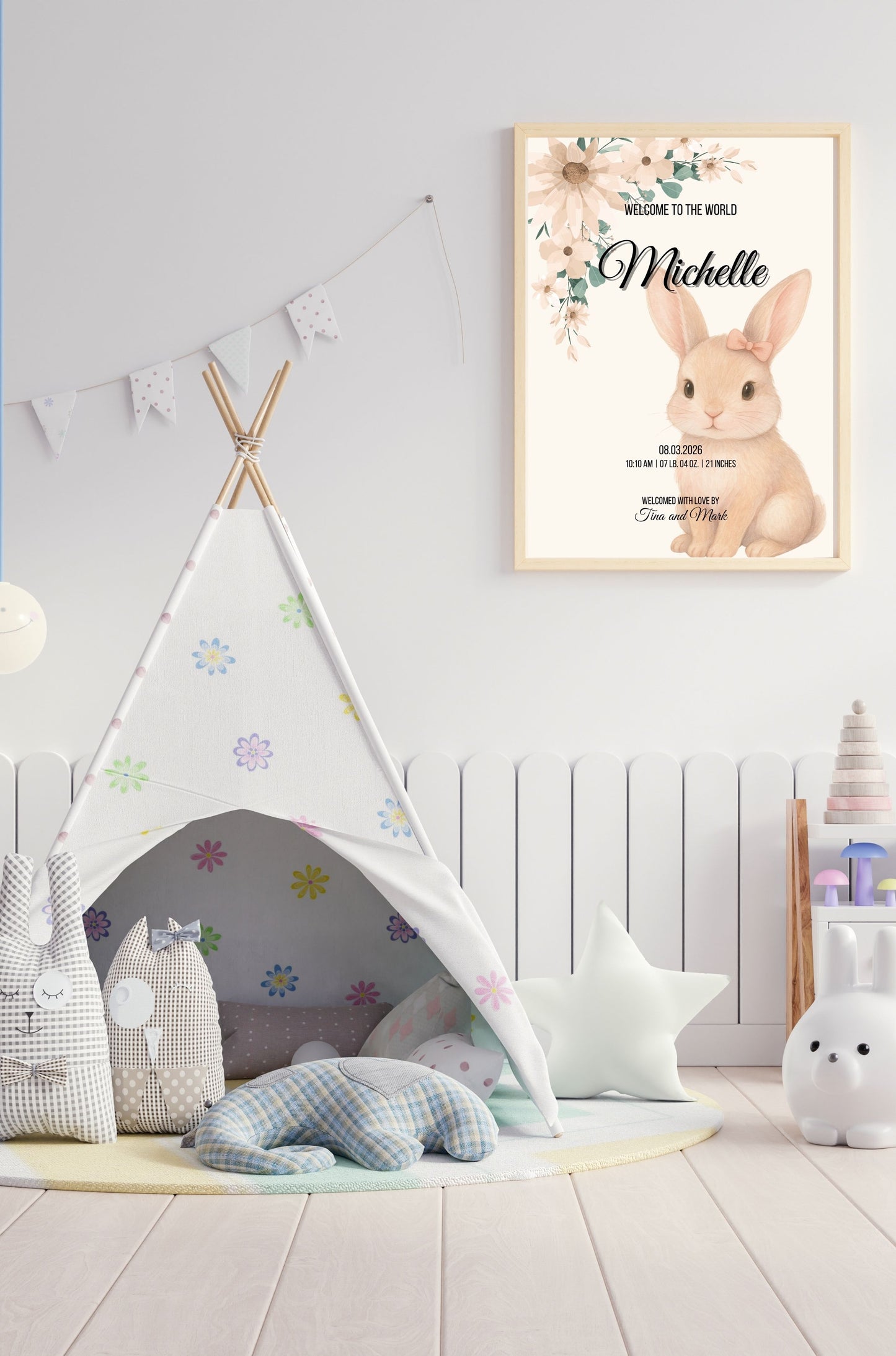 Bunny Birth Announcement with Floral Accents for a Baby Girl