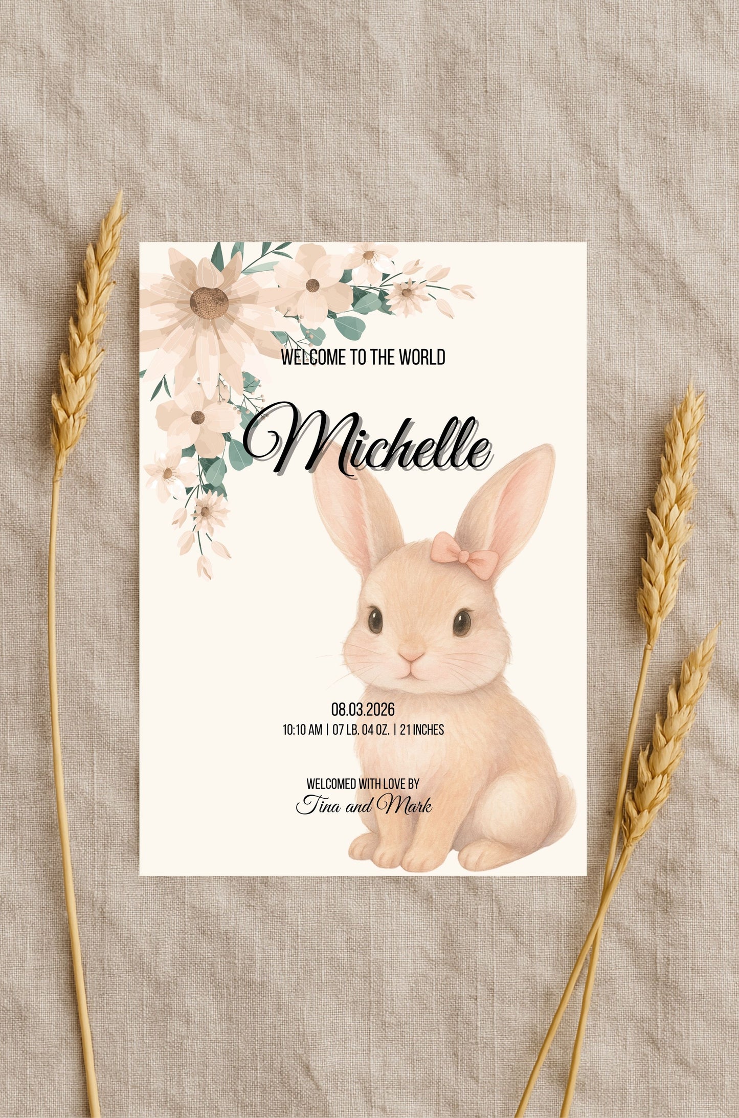 Bunny Birth Announcement with Floral Accents for a Baby Girl