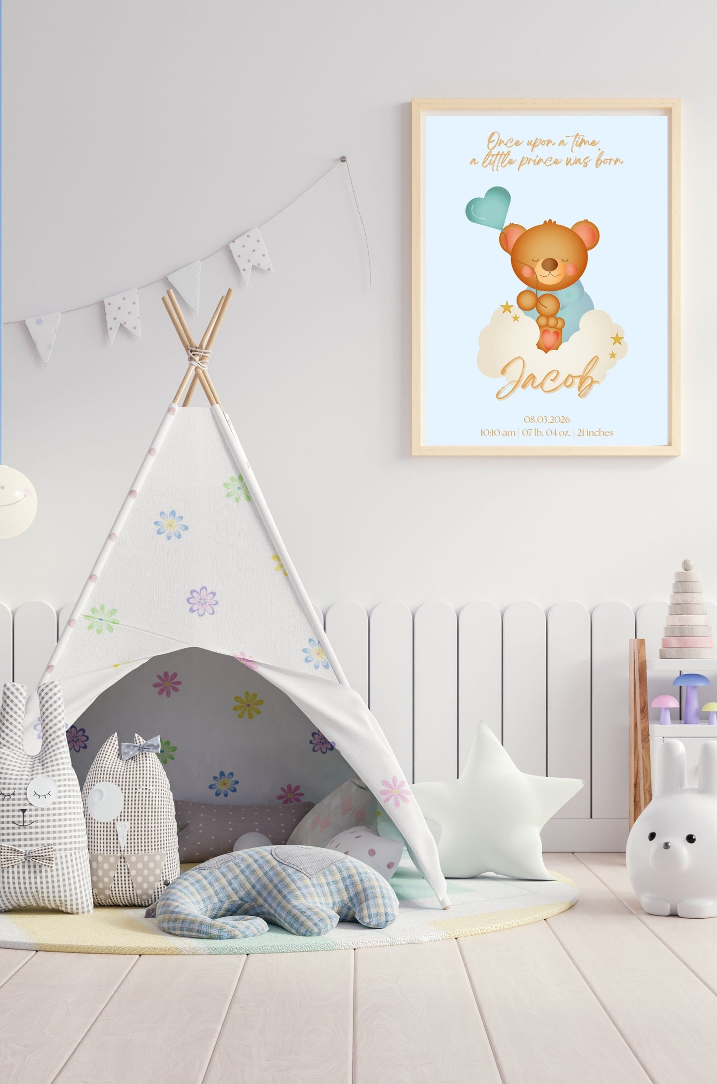 Baby Boy Birth Announcement Card With Cute Teddybear Theme