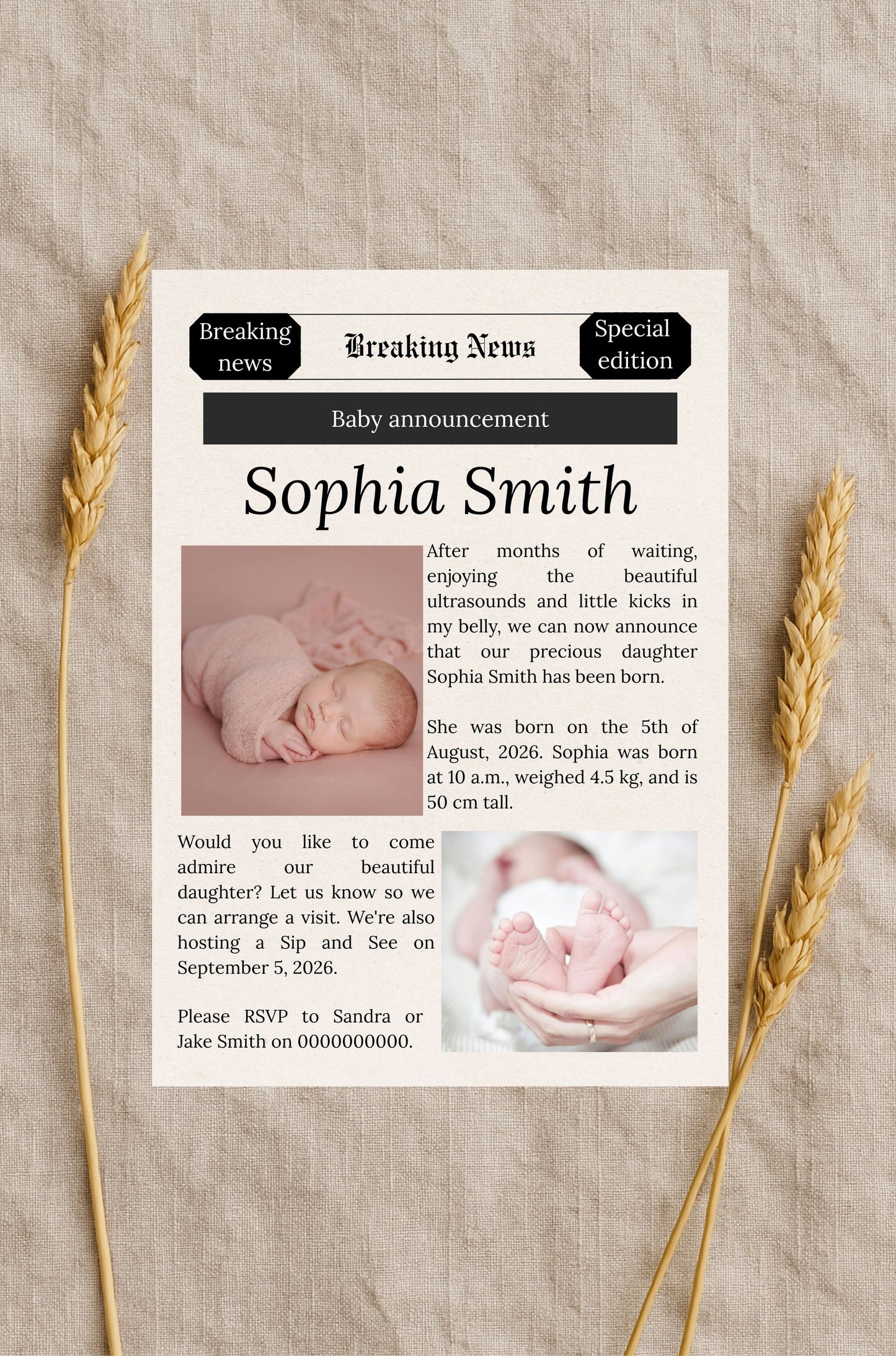 Newspaper Baby Announcement And Newspaper Style Baby Keepsake Poster