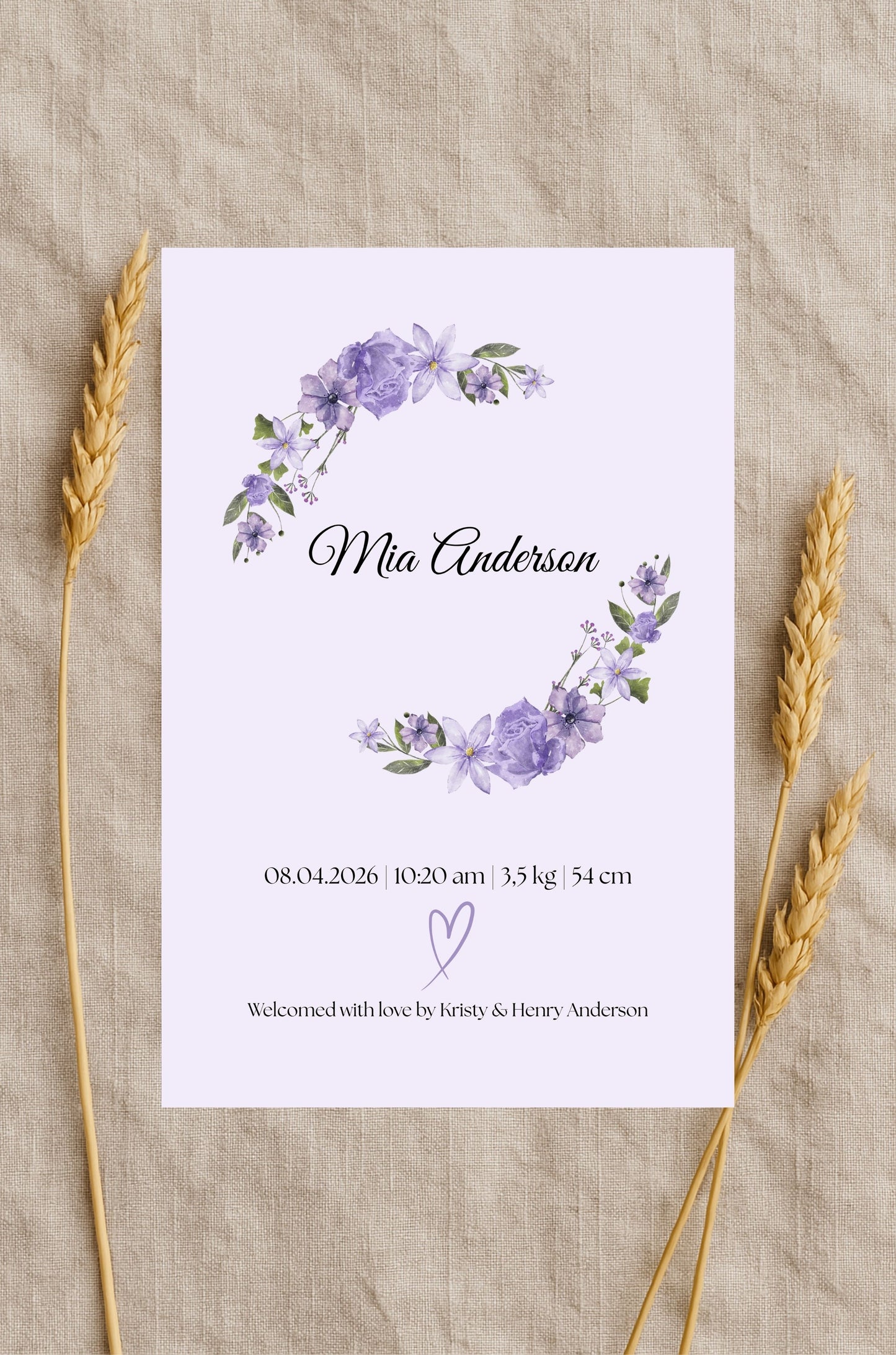Purple Floral Birth Announcement Template