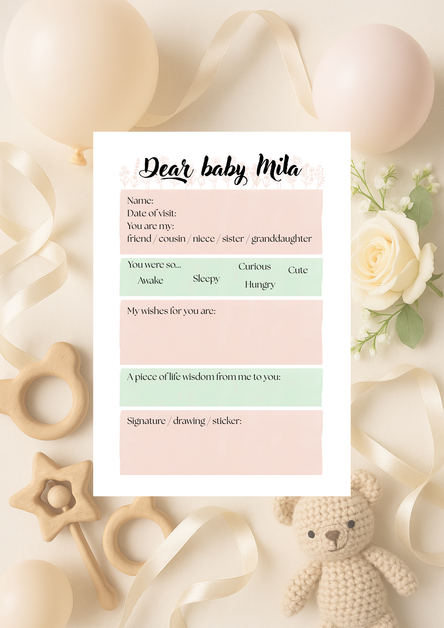 Pink And Blue Fill In Baby Keepsake Card for Visitors