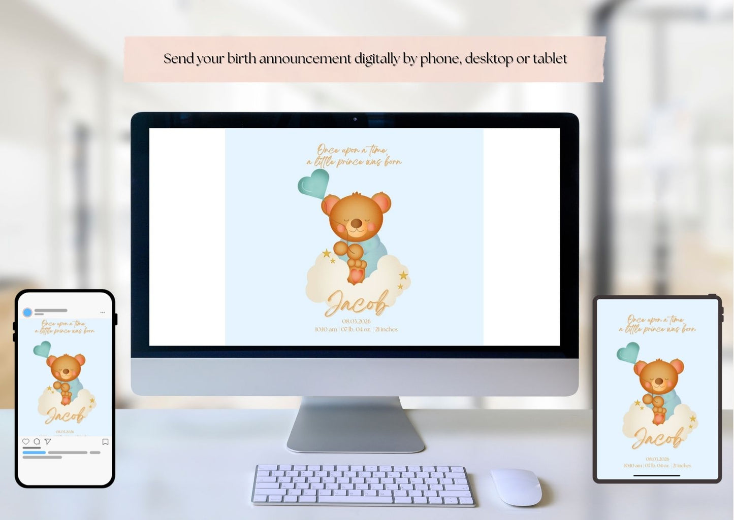 Baby Boy Birth Announcement Card With Cute Teddybear Theme