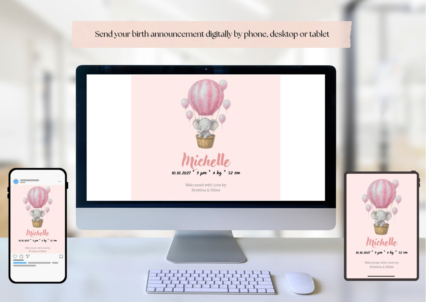 Pink Watercolor Hot Air Balloon With Elephant Birth Announcement Template
