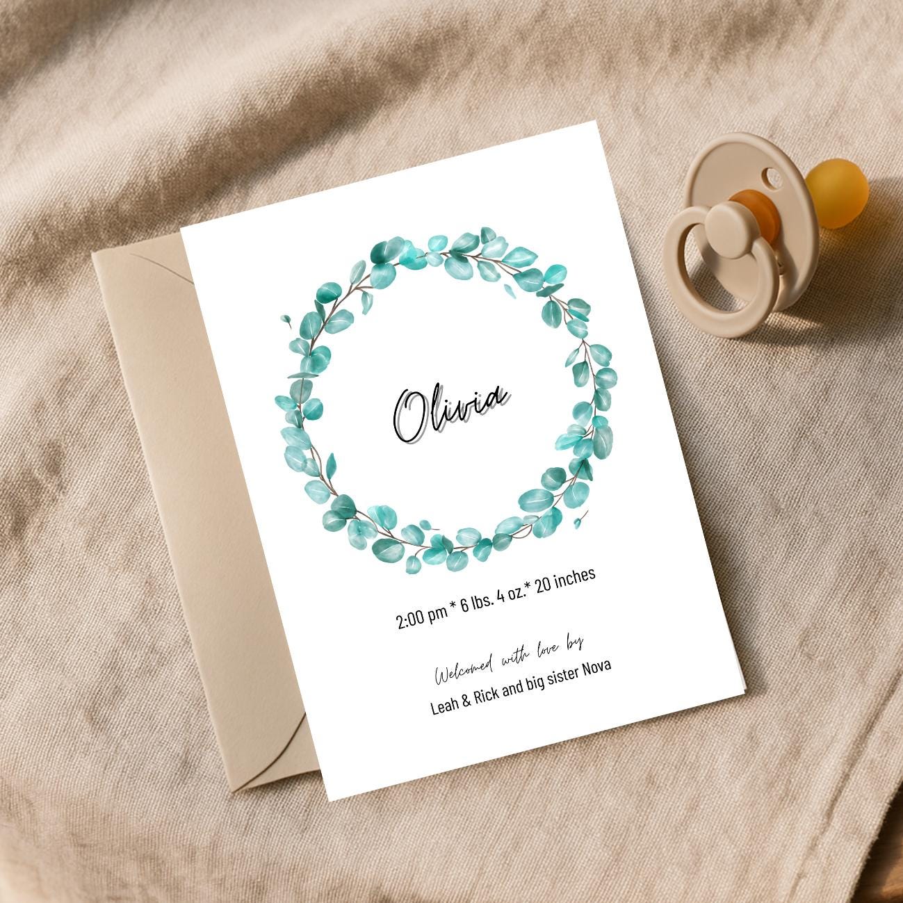 Eucalyptus Wreath Baby Girl Birth Announcement Template