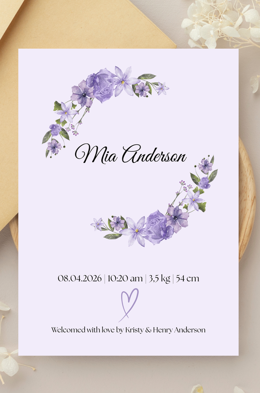 Purple Floral Birth Announcement Template