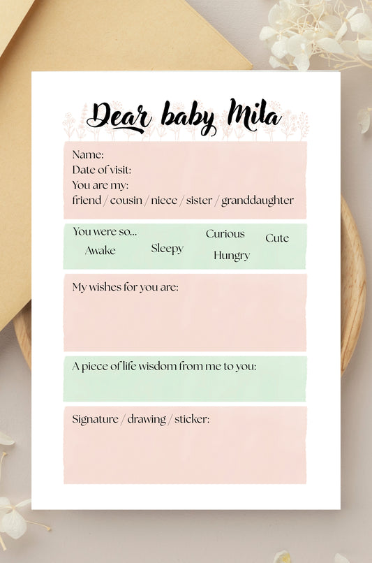 Pink And Blue Fill In Baby Keepsake Card for Visitors