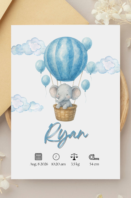Watercolor Elephant Hot Air Balloon Birth Announcement Template