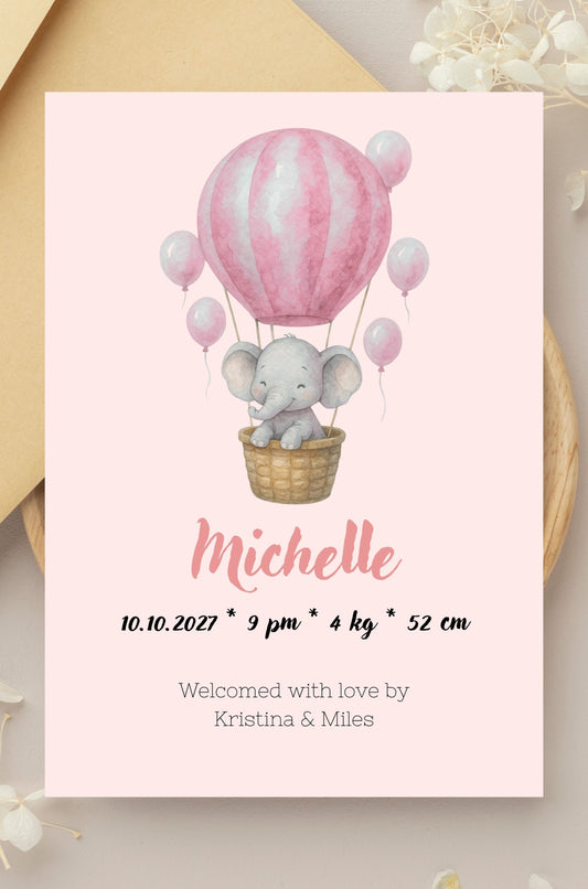 Pink Watercolor Hot Air Balloon With Elephant Birth Announcement Template