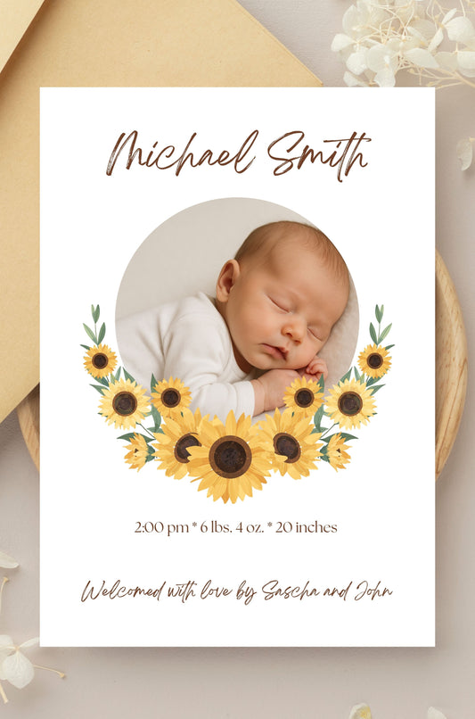 Sunflower Baby Birth Announcement Card