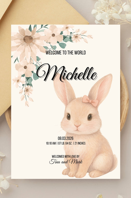 Bunny Birth Announcement with Floral Accents for a Baby Girl