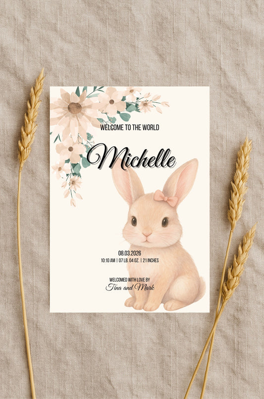 Bunny Birth Announcement with Floral Accents for a Baby Girl