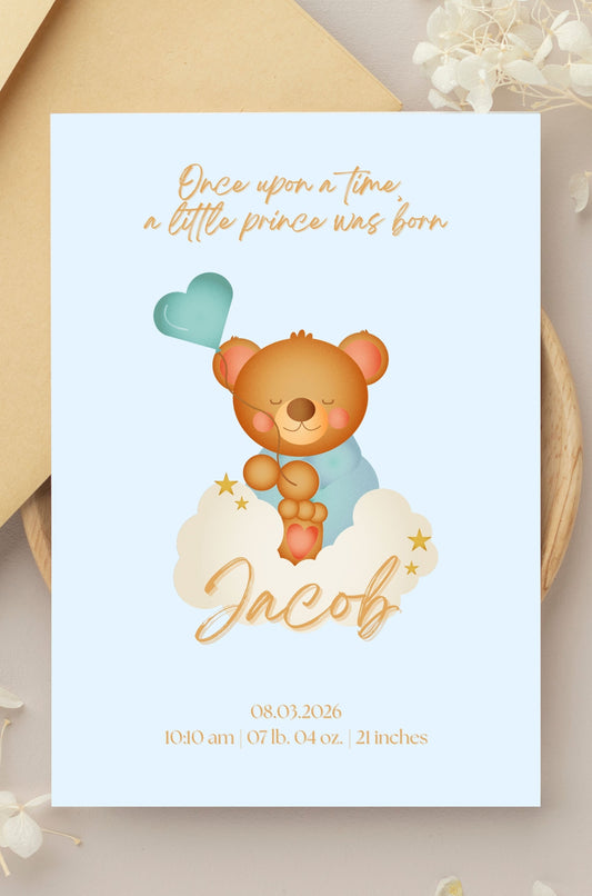 Baby Boy Birth Announcement Card With Cute Teddybear Theme
