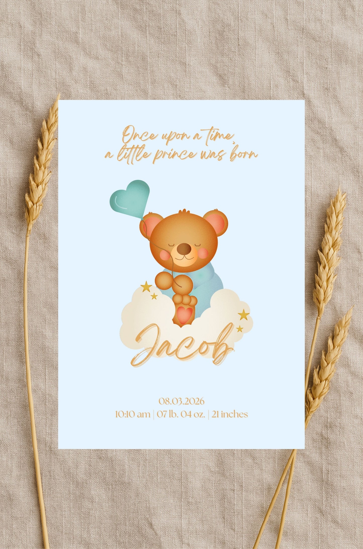 Baby Boy Birth Announcement Card With Cute Teddybear Theme