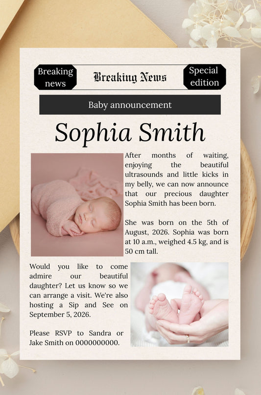 Newspaper Baby Announcement And  Newspaper Style Baby Keepsake Poster