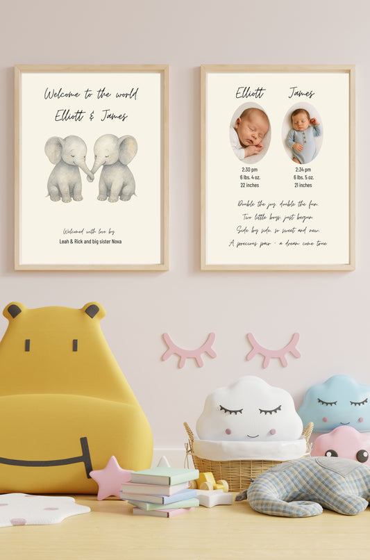 Custom Twin Baby Birth Card or Wall Print
