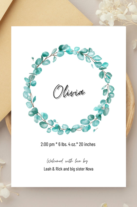Eucalyptus Wreath Baby Girl Birth Announcement Template