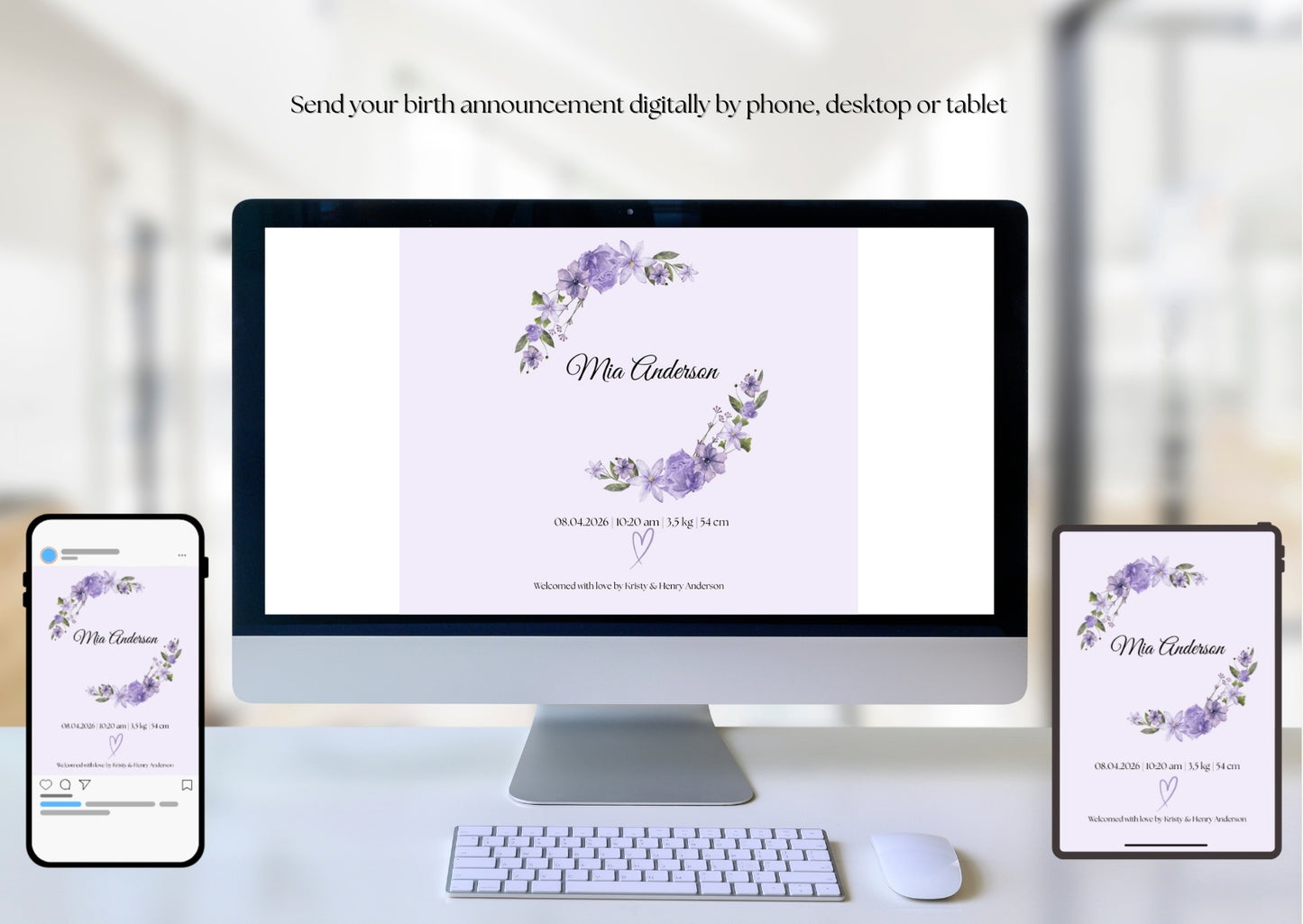 Purple Floral Birth Announcement Template