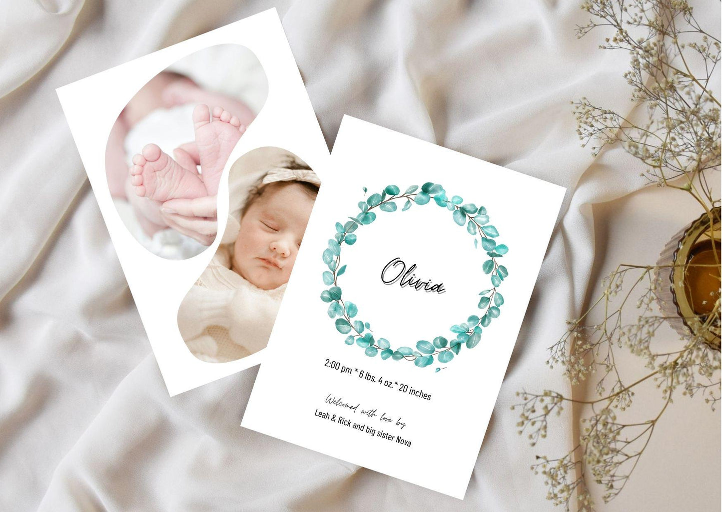 Eucalyptus Wreath Baby Girl Birth Announcement Template